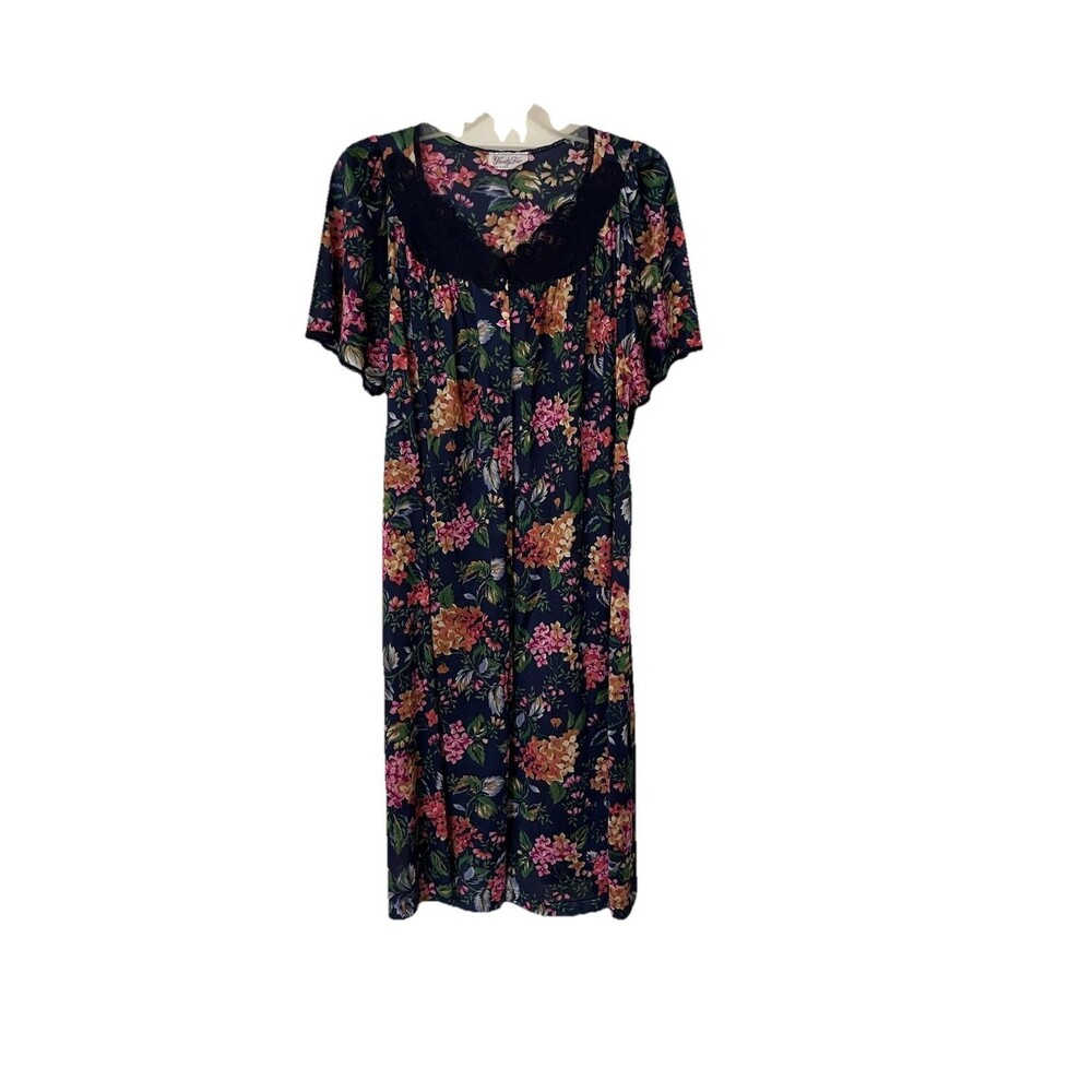 Vanity Fair Vintage Floral Nightgown Size M Full Button Front Tricot Made In USA